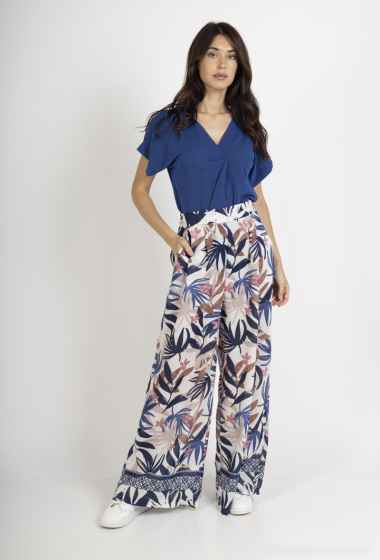 Wholesaler Amy&Clo - Leaf print palazzo pants in cotton linen