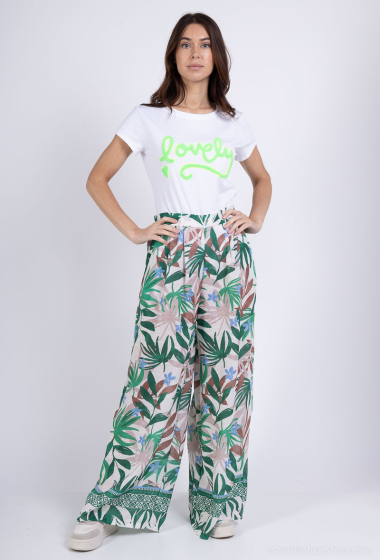 Wholesaler Amy&Clo - Leaf print palazzo pants in cotton linen