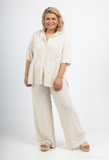 Wholesaler Amy&Clo - Plus size Crepe short-sleeved shirt and wide-leg pants set