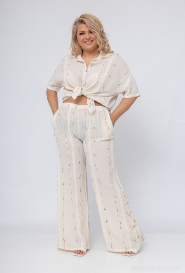 Wholesaler Amy&Clo - Plus size Fluid pants with gold detail in cotton linen