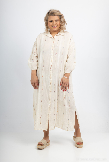 Grossiste Amy&Clo - Plus size Robe chemise mi-longue détails dorée en coton lin