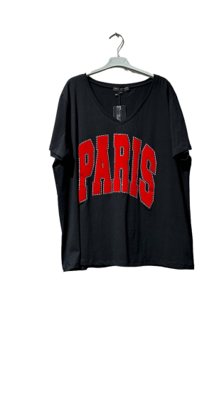 Wholesaler Amy&Clo - Plus size v-neck t-shirt printed "PARIS" with rhinestones in cotton