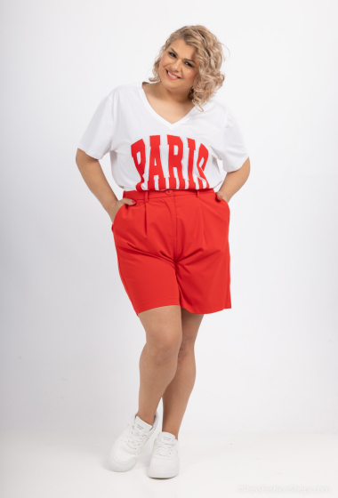 Großhändler Amy&Clo - Plus-Size-T-Shirt mit V-Ausschnitt aus Baumwolle mit Aufdruck „PARIS“ und Strasssteinen