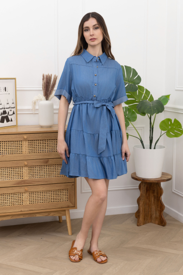 Wholesaler Amy&Clo - Short buttoned shirt dress with tie