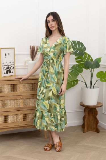 Wholesaler Amy&Clo - Long buttoned leaf print dress