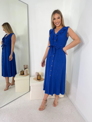 Wholesaler Amy&Clo - Sleeveless buttoned long linen dress with belted ruffle