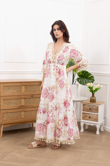 Wholesaler Amy&Clo - Bohemian style baroque print lace v-neck maxi-long dress