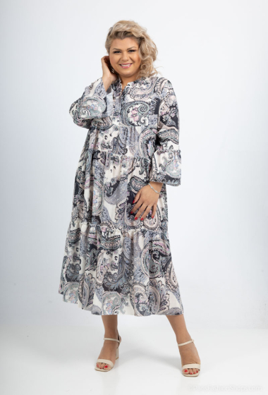Großhändler Amy&Clo - Lockeres mittellanges Kleid aus Baumwollleinen mit Bandana-Print
