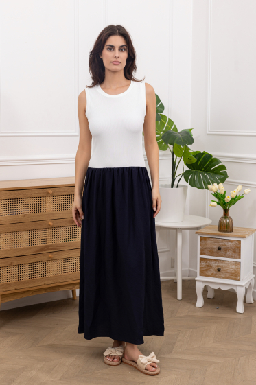 Wholesaler Amy&Clo - Mid-length bi-material dress jersey top crepe skirt