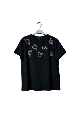 Wholesaler Amy&Clo - Round-neck cotton T-shirt with rhinestone hearts