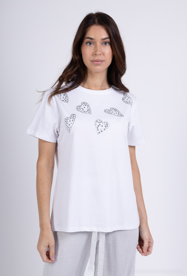 Wholesaler Amy&Clo - Round-neck cotton T-shirt with rhinestone hearts