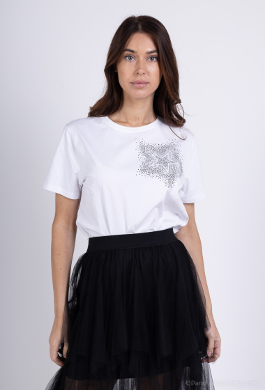 Großhändler Amy&Clo - Rundhals-T-Shirt aus Baumwolle mit Strasssteinen und Sternenmuster