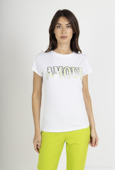 Wholesaler Amy&Clo - Round neck t-shirt printed with "AMOUR" flowers in cotton