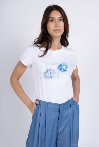 Großhändler Amy&Clo - Bedrucktes Rundhals-T-Shirt mit 3D-Blumenapplikationen aus Baumwolle