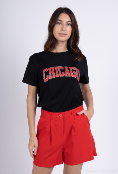 Wholesaler Amy&Clo - "CHICAGO" printed round-neck t-shirt with rhinestones in cotton