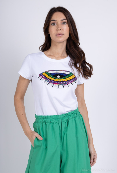Großhändler Amy&Clo - Rundhals-T-Shirt mit Augenprint und Baumwollornament