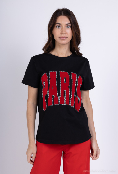 Mayorista Amy&Clo - Camiseta de algodón con cuello redondo y strass estampada “PARIS”