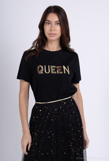 Wholesaler Amy&Clo - "QUEEN" round-neck t-shirt with cotton embellishment
