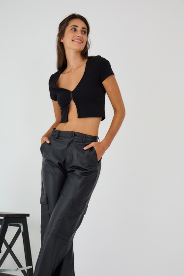 Wholesaler ANA & LUCY - Faux Leather Cargo Pants (Wide-Leg)
