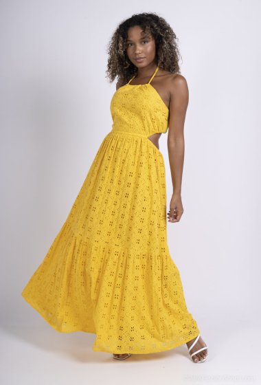 Großhändler ANATA PARIS - Gelbes rückenfreies Kleid mit englischer Stickerei