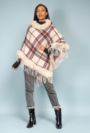 Großhändler Angelique.L - Checked faux fur poncho with fringes