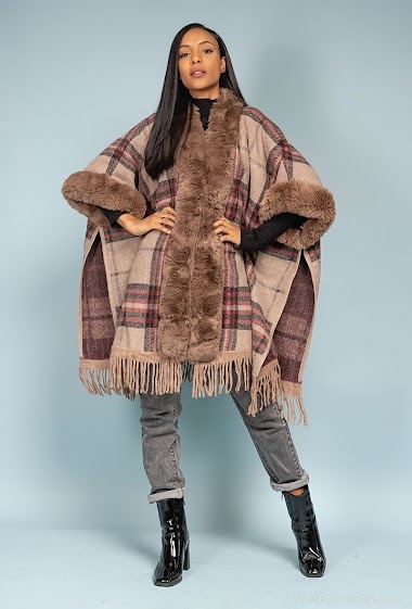 Grossiste Angelique.L - Printed poncho with synthetic fur - faux rabbit fur