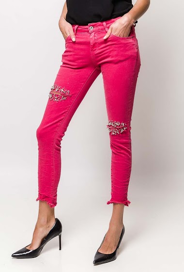 Wholesaler ARELINE (Theoline) - Cotton pants with rips decorated with strass and pearls