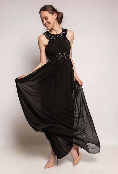 Grossiste Ashwi - Longue robe sans manches avec strass| Collection hiver 2021-2022