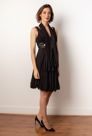 Wholesaler Ashwi - V neck short dress | jewel at centre | Matching shawl