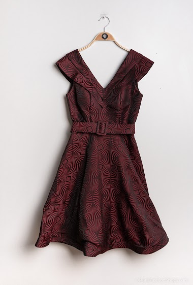 Wholesaler Ashwi - Burgundy Color Party Dress V-Neckline with Belt, ASM 1994B