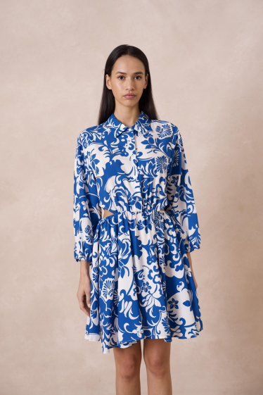 Wholesaler Attentif - Short printed dress with lapel collar and side openings