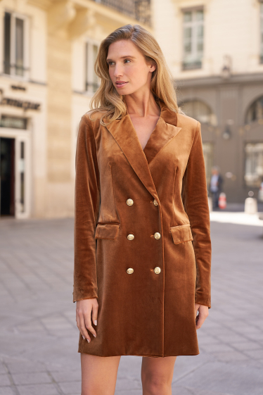 Grossiste Attentif - Robe veste blazer en velours avec boutons dorés