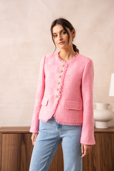 Wholesaler Attentif - Fringed tweed jacket with gold straight button