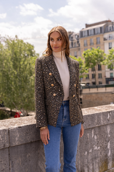 Wholesaler Attentif - Double-breasted sequin tweed blazer jacket with gold buttons