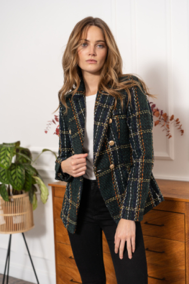 Grossiste Attentif - Veste blazer cintrée en tweed style écossais