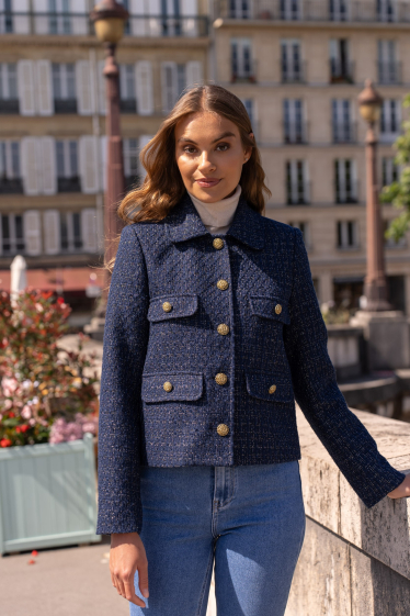 Wholesaler Attentif - Cropped tweed jacket with gold details