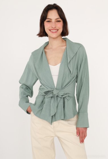 Wholesaler Attrait Paris - Linen blend blouse, waterfall collar, elbow sleeves, bow detail