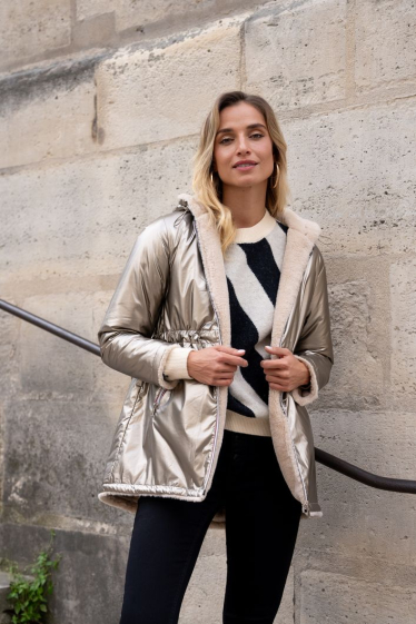 Wholesaler Attrait Paris - Mid-Length hooded windbreaker jacket with inner fur