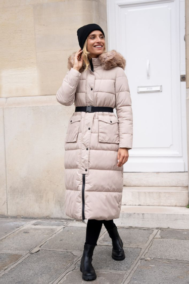 Wholesaler Attrait Paris - Long puffer jacket with hood and removable faux-fur