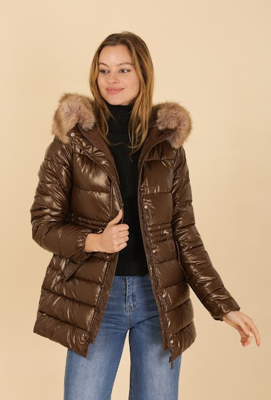 Wholesaler Attrait Paris - Mid-length oversized puffer jacket with hood and removable faux-fur