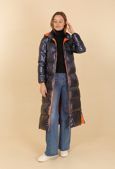 Wholesaler Attrait Paris - Ultra long hooded puffer jacket with orange lining