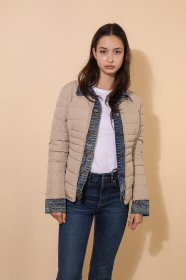 Wholesaler Attrait Paris - Plain short puffer downjacket bi-material jeans with shirt collar