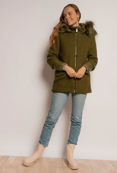 Wholesaler Attrait Paris - Mid-length wool coat, faux fur hood, bi material down jacket