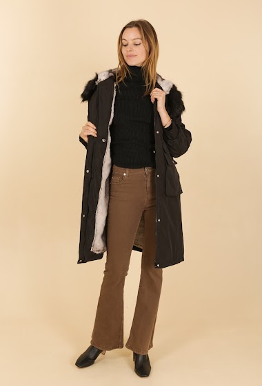 Wholesaler Attrait Paris - Long parka with cargo pockets, gathered sleeves and removable fur on the hood