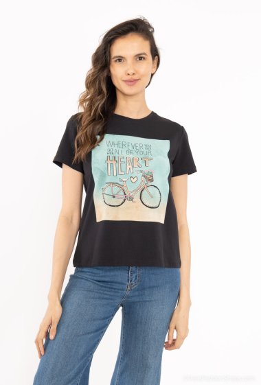 Wholesaler Attrait Paris - T-shirt with bicycle illustration on watercolor background with glitter