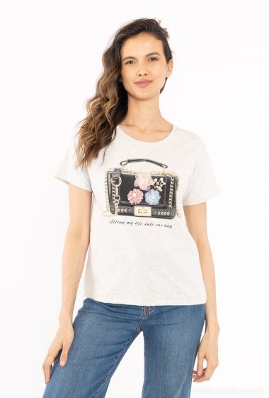 Großhändler Attrait Paris - T-Shirt mit Handtaschen- und Blumenillustration
