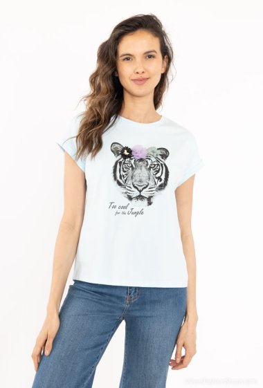 Wholesaler Attrait Paris - T-shirt with tiger head and flowers illustration