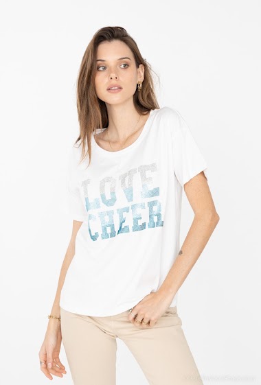 Wholesaler Attrait Paris - Cotton t-shirt with "LOVE SHEER » inscription in metallic strass