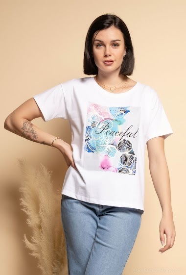 Großhändler Attrait Paris - Printed cotton t-shirt with watercolor « Peaceful »