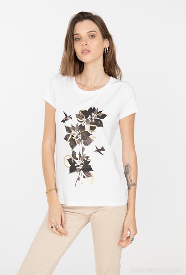 Grossiste Attrait Paris - T-shirt en coton imprimé avec décor floral noir et écriture doré
